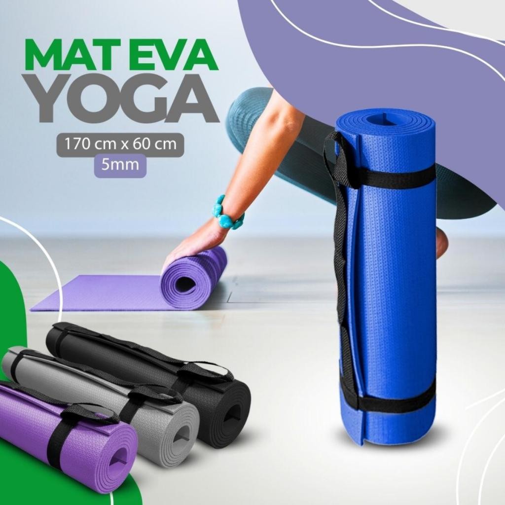 Tapete Yoga Mat Pilates Azul em EVA 170x60cm C/Alça