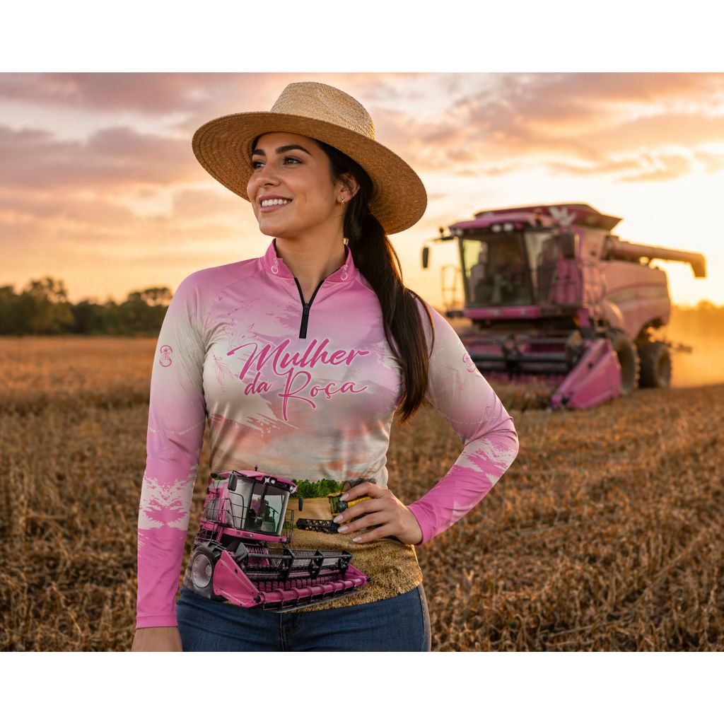 Camisa Camiseta Agro Rosa Colheitadeira Tecido Dryfit Para Mulheres Toque Gelado Proteção UV50+ GLL-170