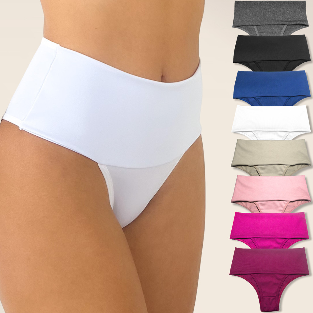 Kit 7 Calcinhas Cós Alto Duplo Modeladora Cores Sortidas Segura Barriga Viére