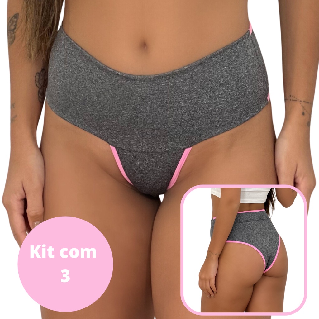 kit 3 Calcinha Modeladora Cintura Alta Sustentação Segura Barriga Cós viés colorido