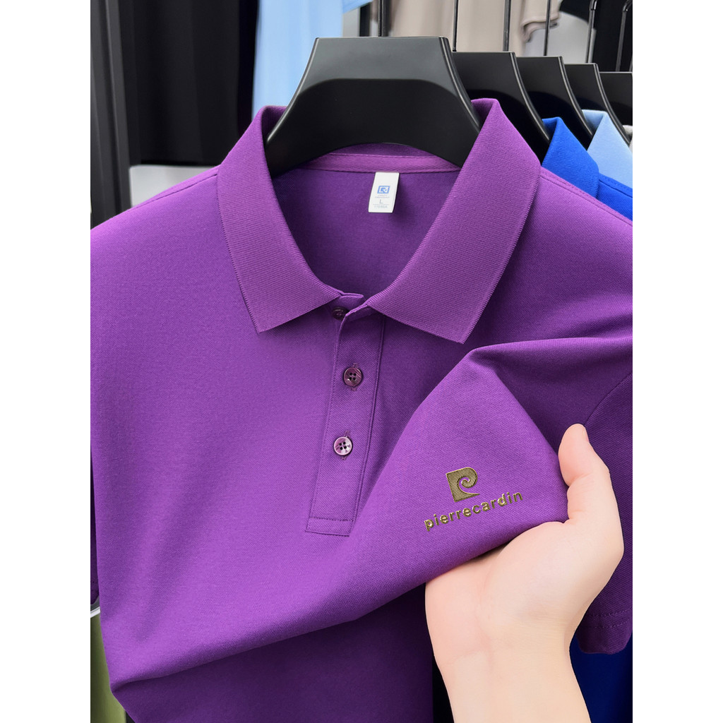 Pierre Cardan High-End mercerizado algodão roxo manga curta camiseta masculina lapela camisa POLO marca genuína meia man