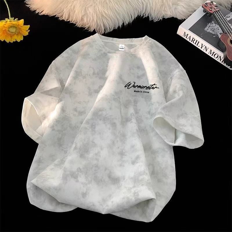 Camiseta americana Tie-Dye de manga curta masculina verão street Wear ins High street solto em torno do pescoço meia man
