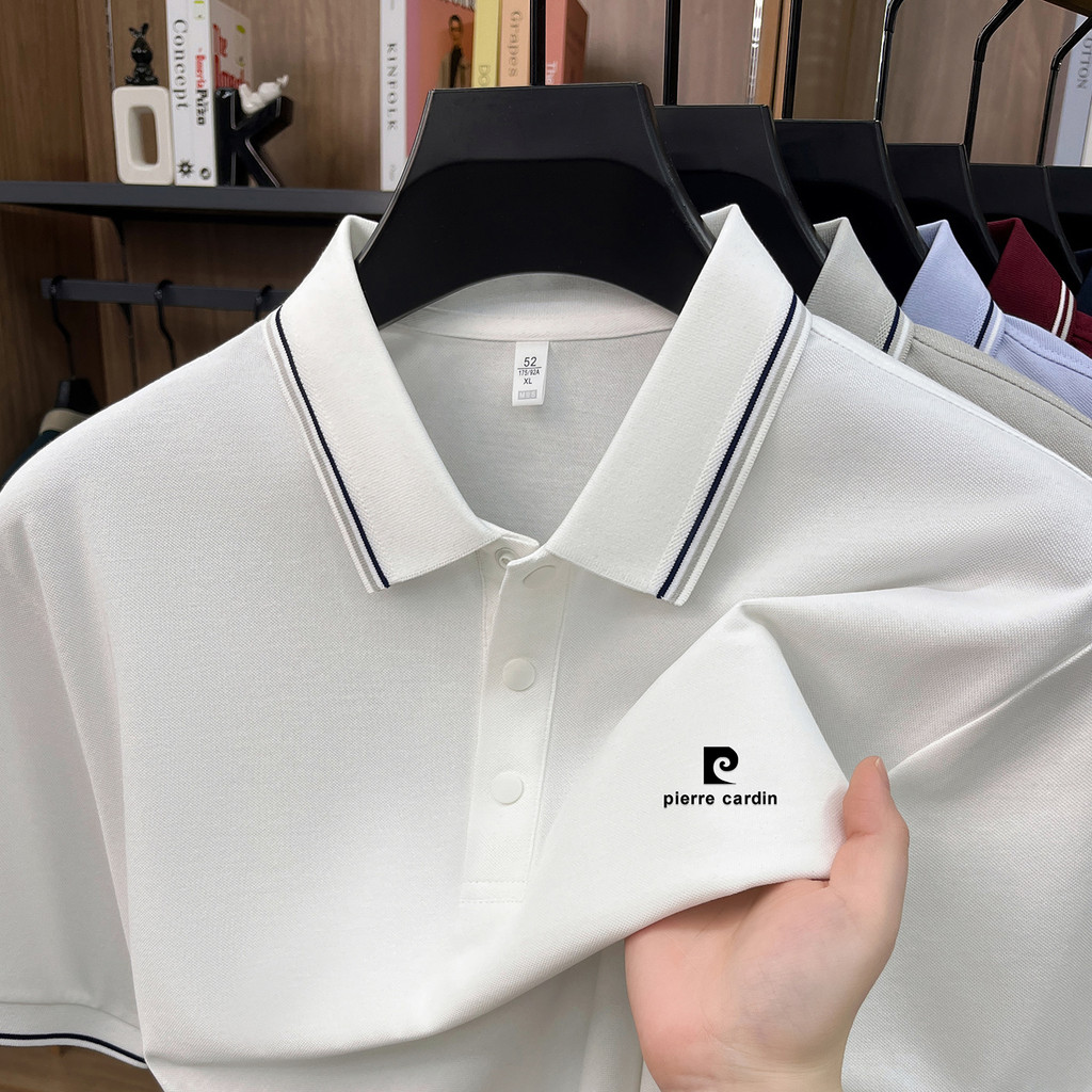 Pierre Cardan High-End novo estilo não-ferro de manga curta camiseta masculina lapela camisa POLO marca genuína meia man