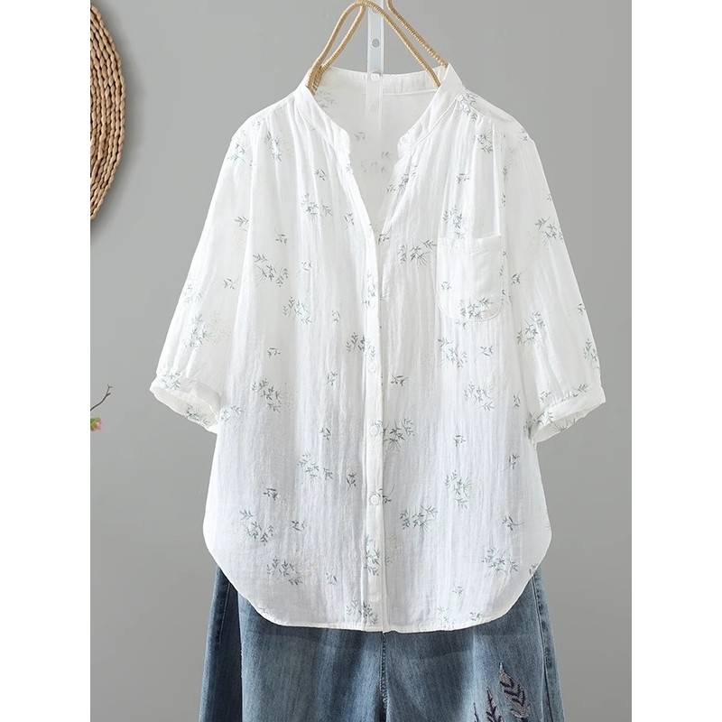 Literário dupla camada fio de algodão impresso camisa Floral feminina verão luz luxo High-End camisa solta meados de man