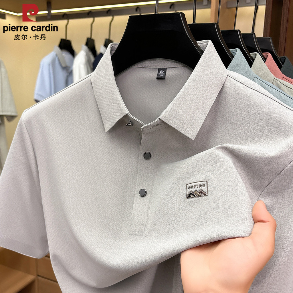 Pierre Cardan novo estilo de seda gelo High-End manga curta camiseta masculina lapela camisa POLO marca genuína meia man