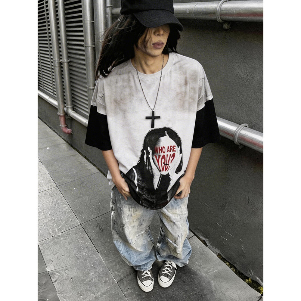 UUCSCC street Wear High street Retro pesado impresso camiseta solta vintage Wasteland angustiado em torno do pescoço man