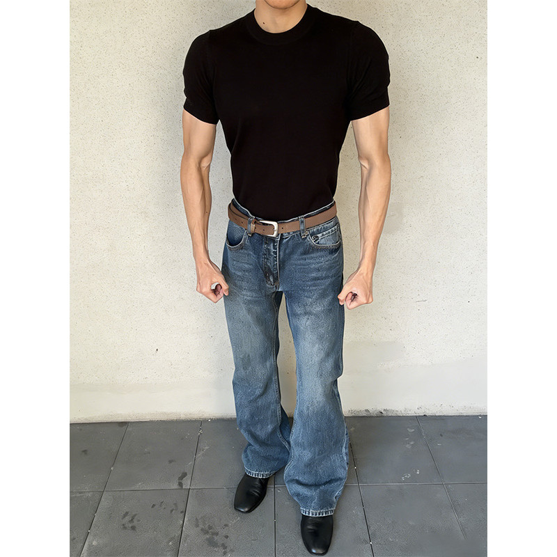Americano Retro slimfit malha de manga curta masculina verão fino ajuste mais magro olhar muscular camiseta High-End man