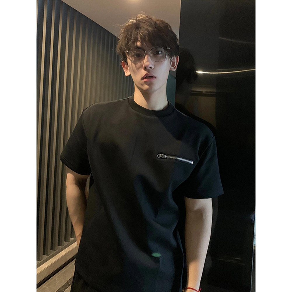320g pesado americano cleanfit zíper manga curta meninos Design camiseta pequeno decote street Wear High street meia man