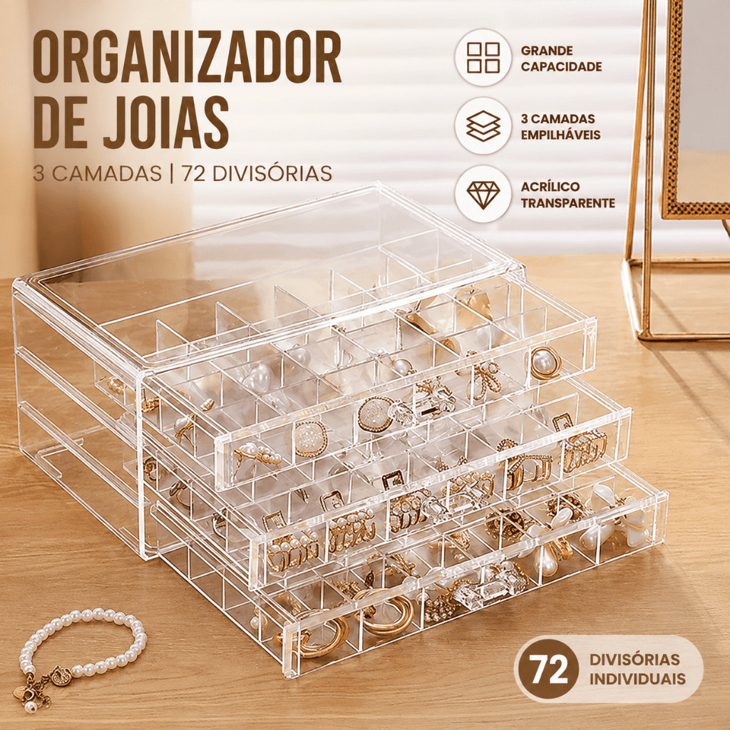 Organizador para embalagem e exibição de joias, 72 grades, acrílico, 3 camadas, caixa de jóias, grande Vendido(s)