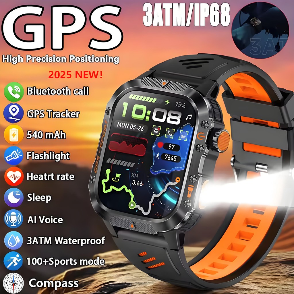 2026New GPS Relógio Militar Bluetooth Falar Lanterna LED Smartwatch Bússola Masculino 2.01 