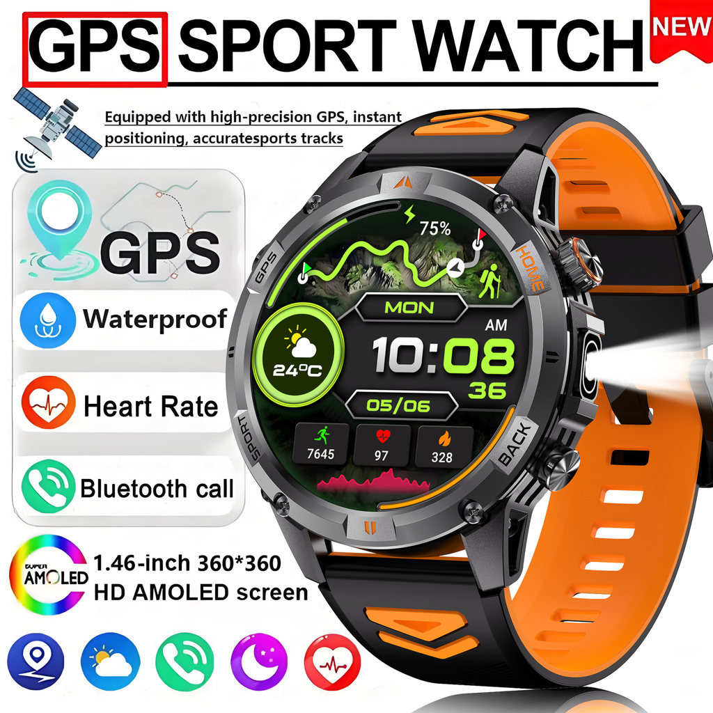 Novo Militar GPS Posicionamento SmartWatch Masculino Correr Passeio De Fitness Lanterna LED Bússola Rastreador 3ATM IP68