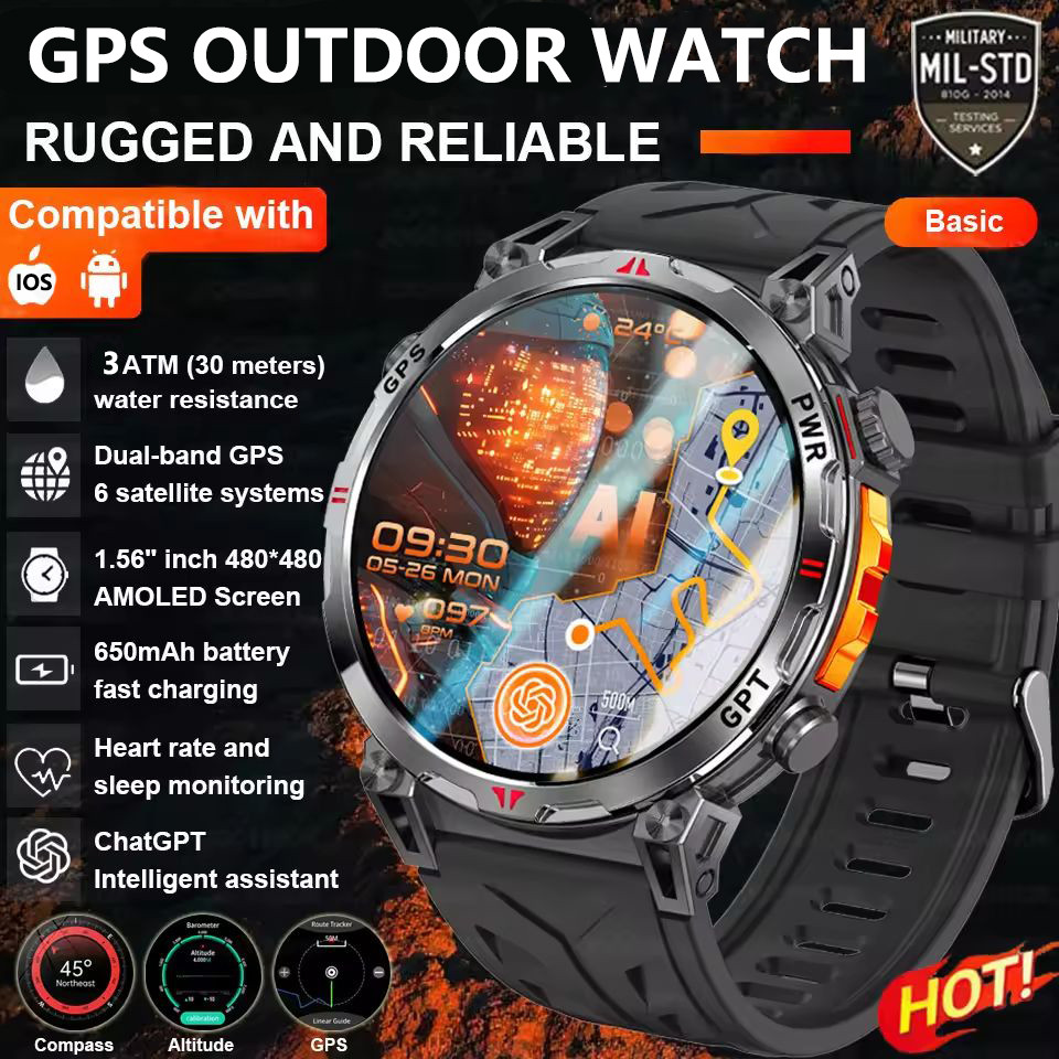 2026New Militar GPS Esporte Smartwatch Masculino 650mAh Tela AMOLED Bússola Altímetro 3ATM À Prova Dwaterproof Água Freq