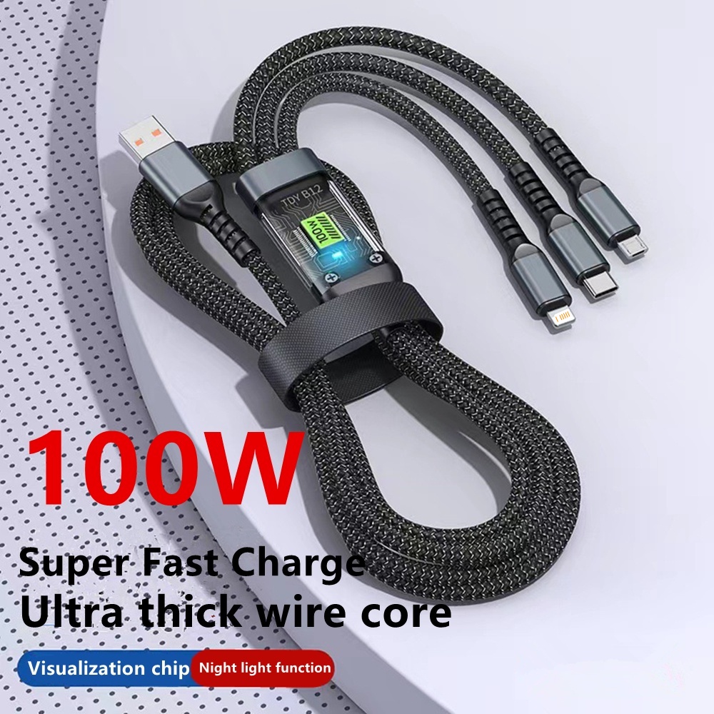 Cabo de Dados Transparente com Carga Rápida de 100W para Dispositivos Apple, Android e Type-C com Display Digital