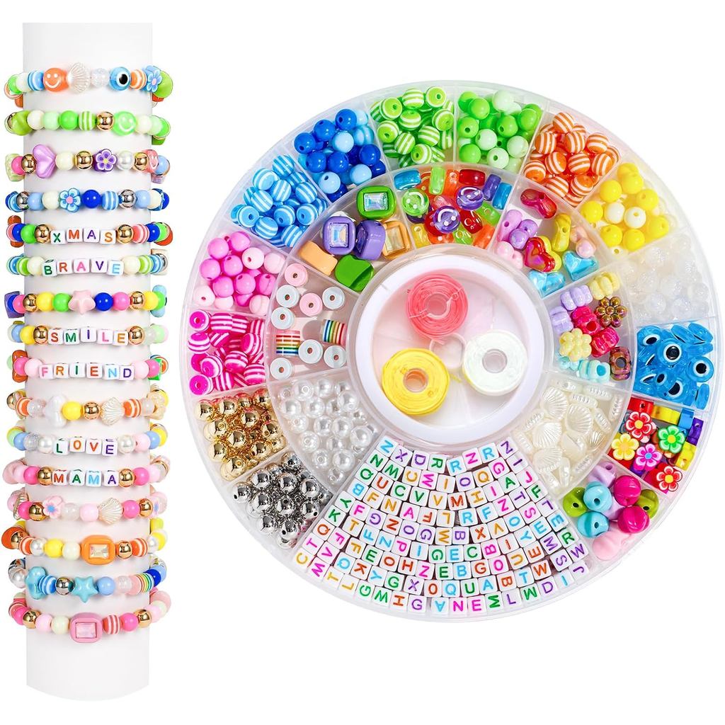 594PCS Bead Bracelet Making Kit for Kids,Colorful Pony Beads Pearl Shell Flower Evil Eyes Star Carft Friendship Bracelet