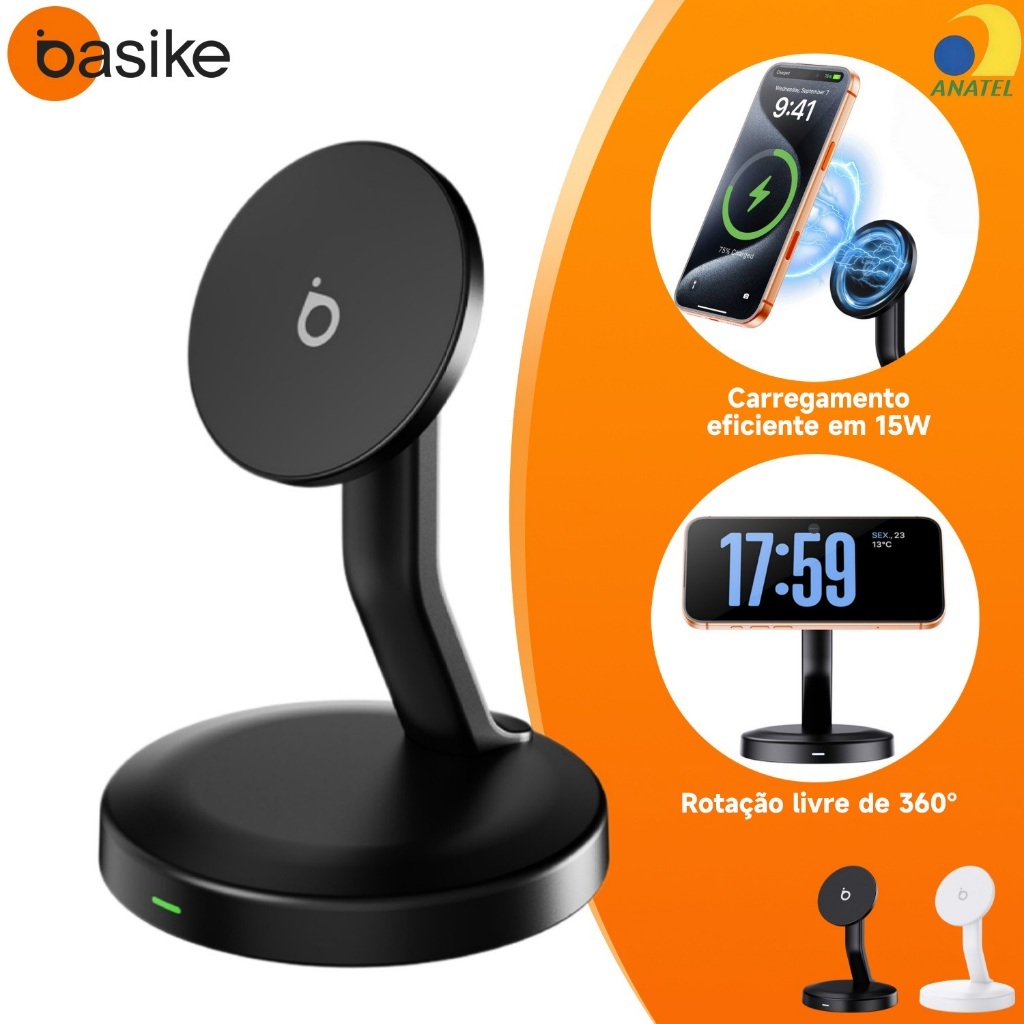 BASIKE Carregador Sem Fio Magnético 3 em 1 Rápido para iPhone, Apple Watch e AirPods, Base com Rotação 360°