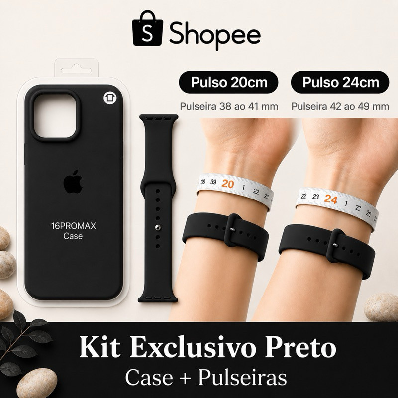 Kit Case + Pulseira Silicone Preta para iPhone e Apple Watch Luxo Premium