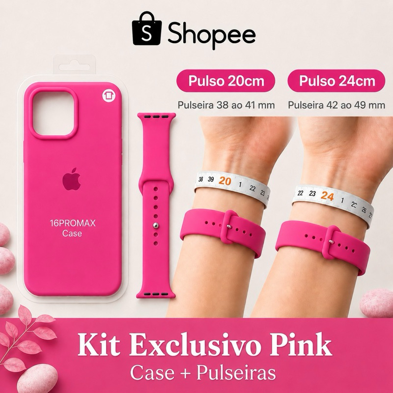 Kit Case iPhone Silicone Pink Neon + Pulseira Apple Watch Rosa - Para Todos os Modelos do 11 ao 17 Pro Max