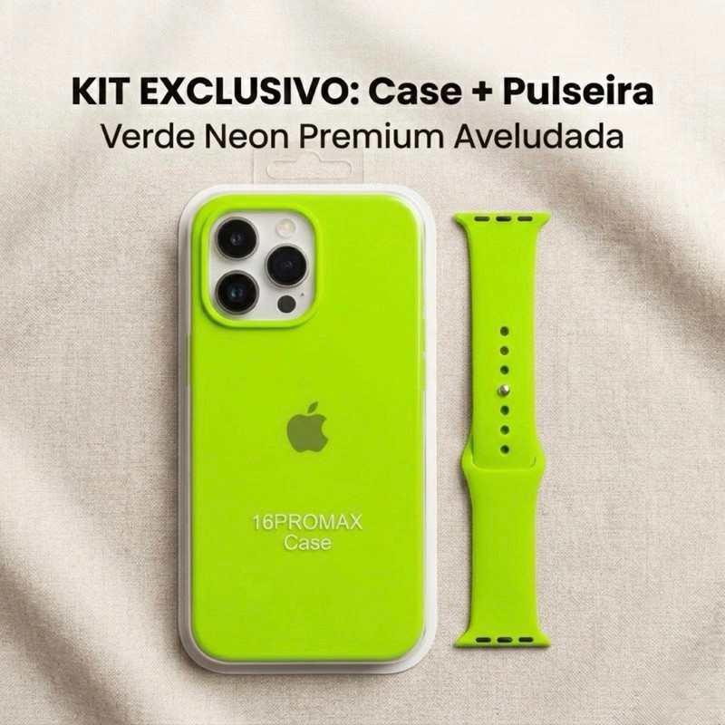 Kit 2 peças Luxo Verde Neon: Capinha p/ iPhone + Pulseira Silicone Apple Watch (Case + Pulsiera) ENVIO IMEDIATO