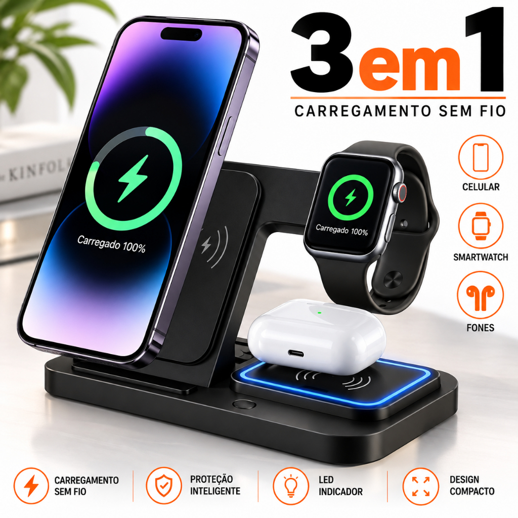 Carregador por Indução Sem Fio iPhone Apple Watch AirPods Estação de Carregamento 30w Com led