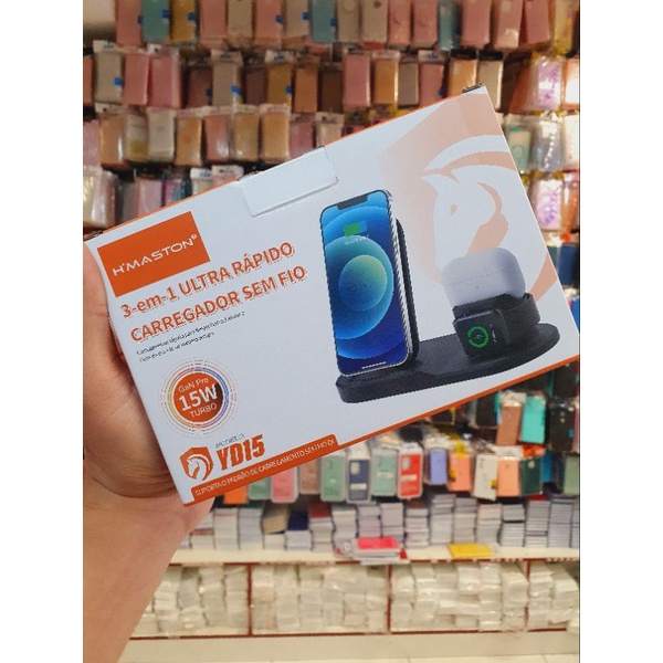 Carregador 3em1 s/ fio 15W para IPhone, Smartwatch e Air Pods YD15 H'Maston