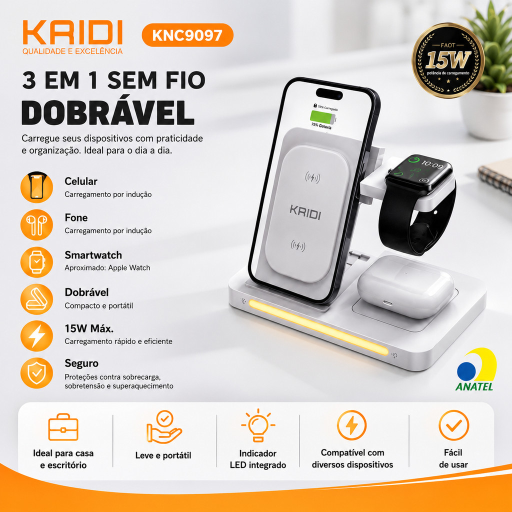 Carregador Sem Fio Indutivo 3 em 1 Dobrável 15W – Para iPhone, Apple Watch e AirPods – Modelo KNC9097