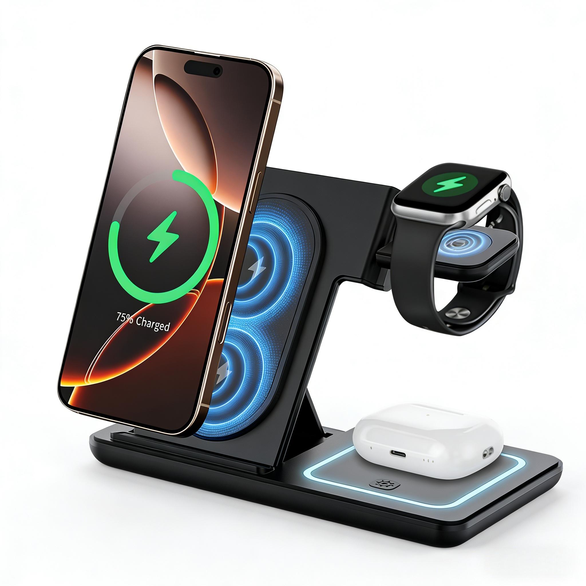 Suporte de Carregamento Sem Fio 3 em 1 15W, Dobrável e Portátil com Luz Noturna para iPhone, Apple Watch e