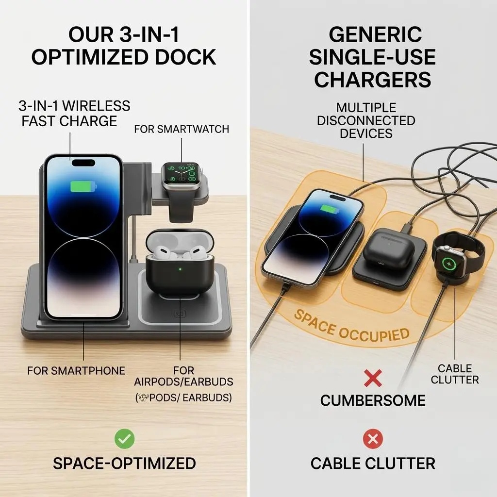 Carregador Sem Fio de Viagem 3 em 1 Dobrável 15W com Luz Noturna para iPhone/Apple Watch/