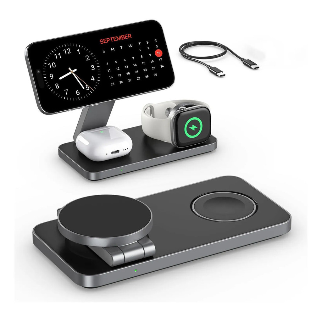Carregador Magnético 3 em 1 15W Dobrável Para iPhone Apple Watch AirPods Base Indução