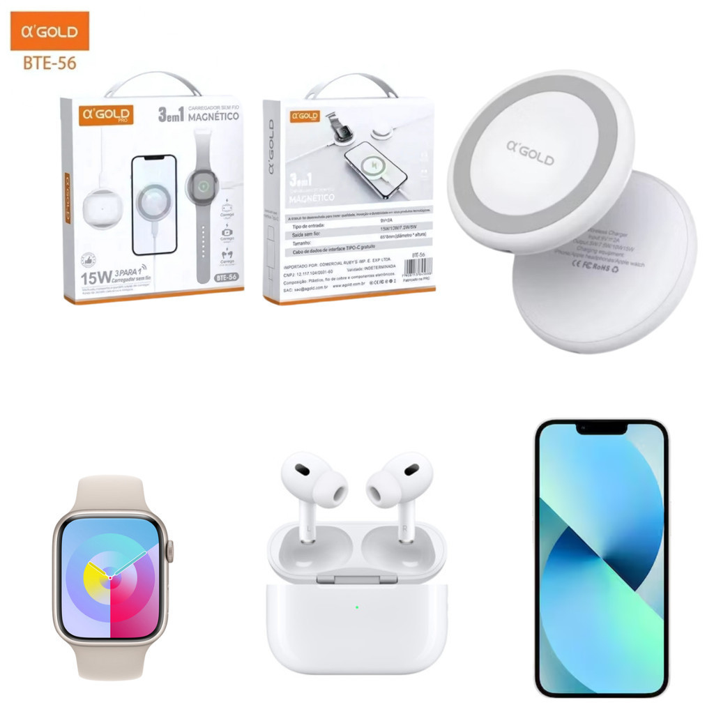carregador magsafe magnético 3 em 1 15w para fone de ouvido celular iphone apple watch relógio
