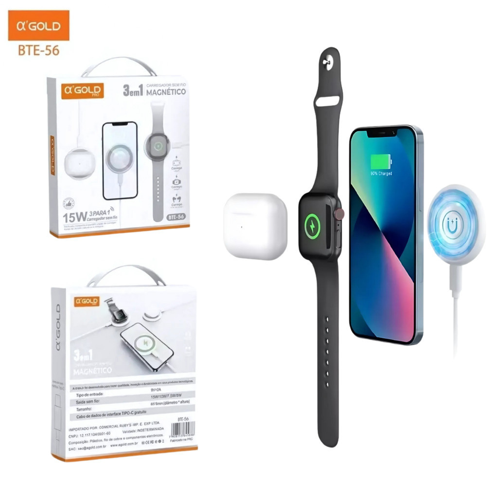 carregador magsafe magnético 3 em 1 15w para relógio fone de ouvido celular iphone apple watch