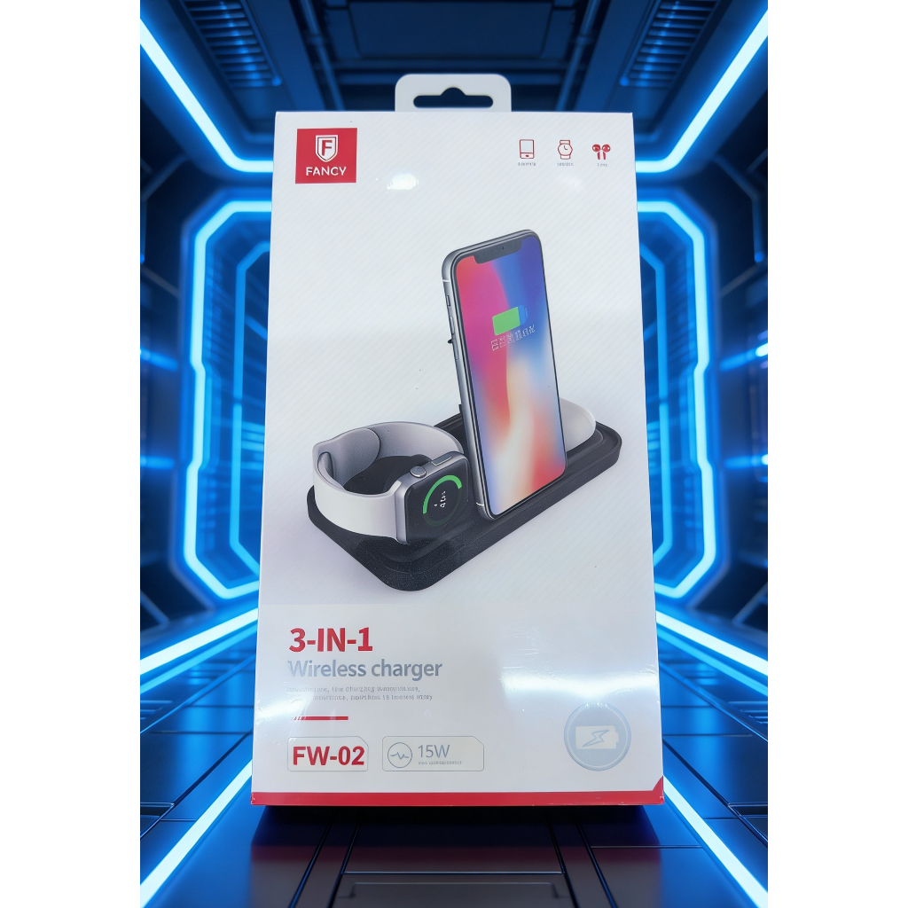 Carregador Wireless 3 em 1 15W FANCY FW-02 - Dock para Celular, Apple Watch e Fones de Ouvido