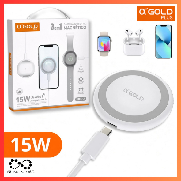 Carregador 3 em 1 MagSafe 15W Com Fio A'Gold Para Fone De Ouvido (Air Pods), IPhone E Relógio Apple Watch