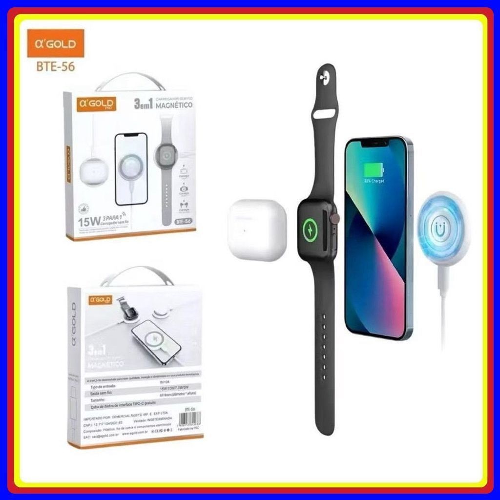 Carregador magsafe magnético 15W original A' gold 3 em 1 para fone de ouvido celular iphone apple watch relógio