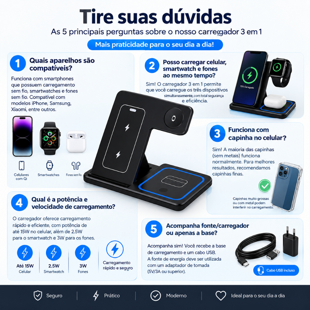 Carregador fonte de indução Sem Fio 3 em 1 Dobrável 15W para iPhone Apple Watch AirPods por Indução