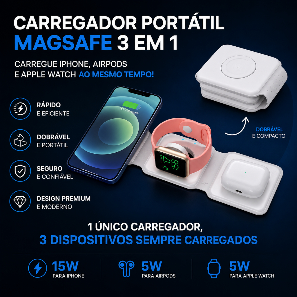 Carregador Portátil Dobrável MagSafe 3 em 1 15W para iPhone, AirPods e Apple Watch
