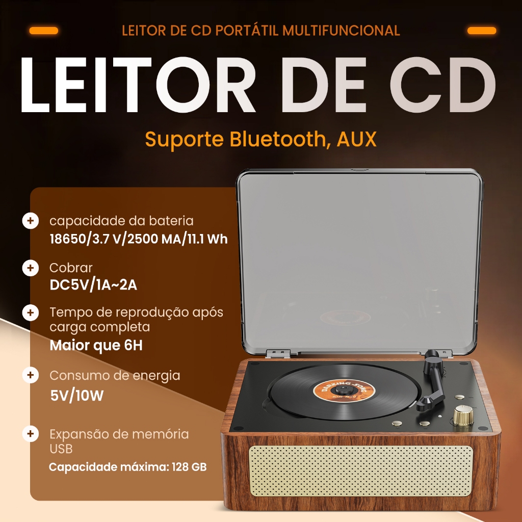 Leitor de CD Retrô com Bluetooth 5.4, Alto-Falantes Duplos, Bateria Recarregável, Portátil