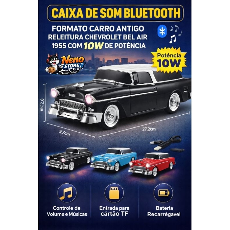 Caixa de Som Bluetooth Carro Clássico Retrô Estilo Bel Air 1955 10W Portátil Recarregável