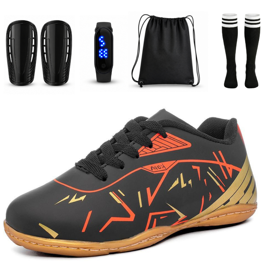 Kit Chuteira Infantil Meião Mochila Caneleira Rélogio Futsal Society Salão Costurada Reforçada28-33