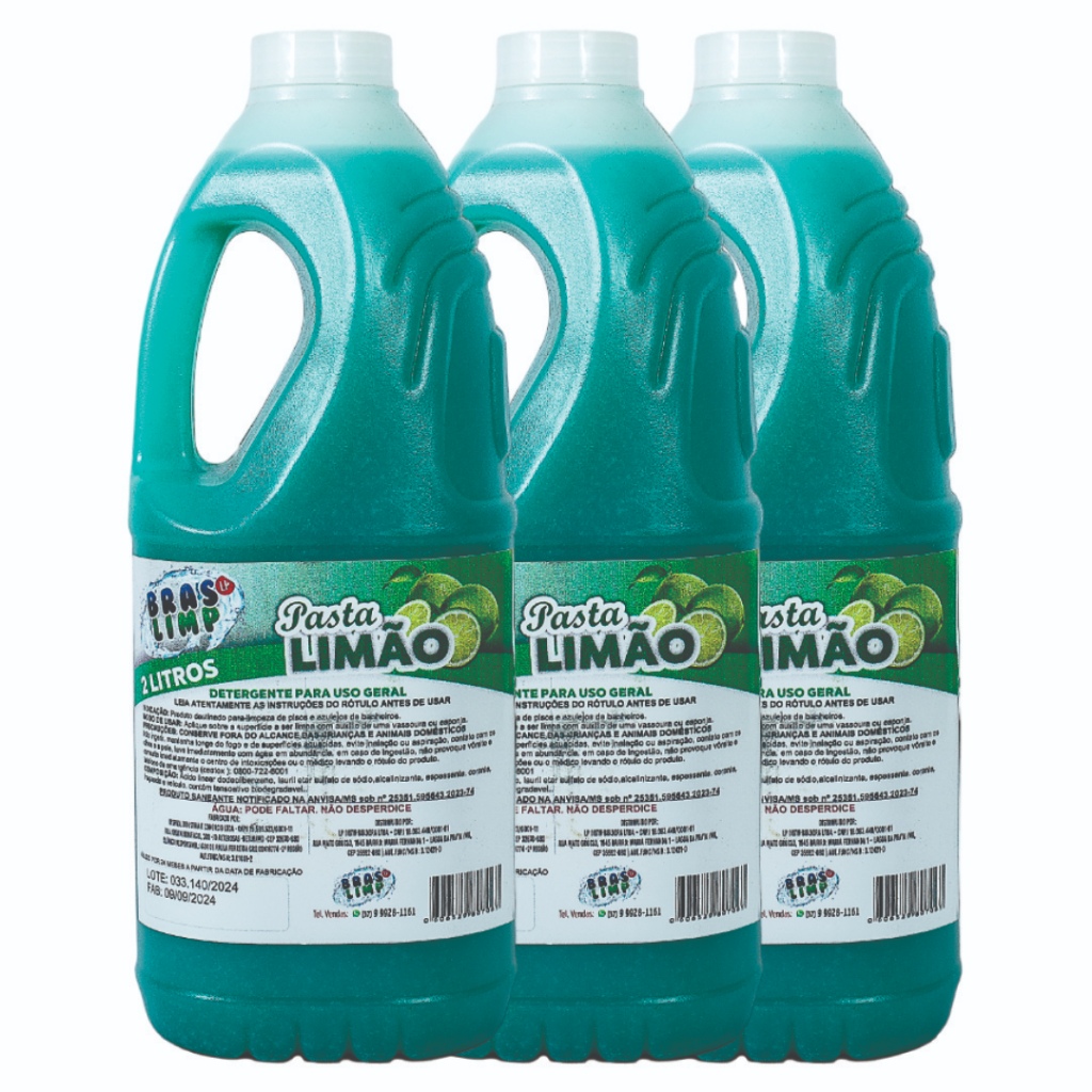 Kit 3 Pastas de Limão Bras Limp 2 Litros  Limpeza Pesada Concentrada Alto Rendimento Perfume Cítrico