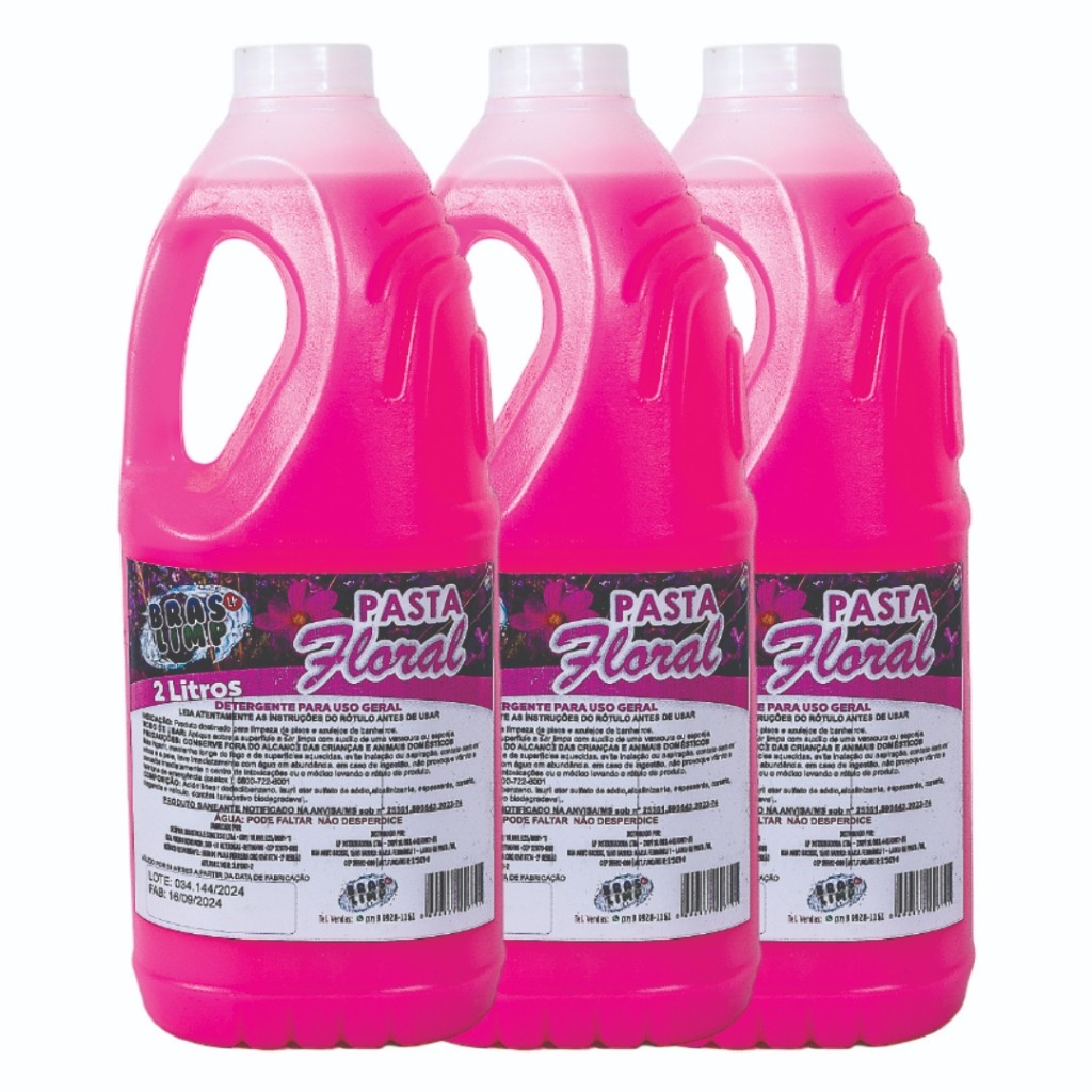 Kit 3 Pastas Floral Bras Limp 2L | Limpeza Pesada Concentrada 6 Litros