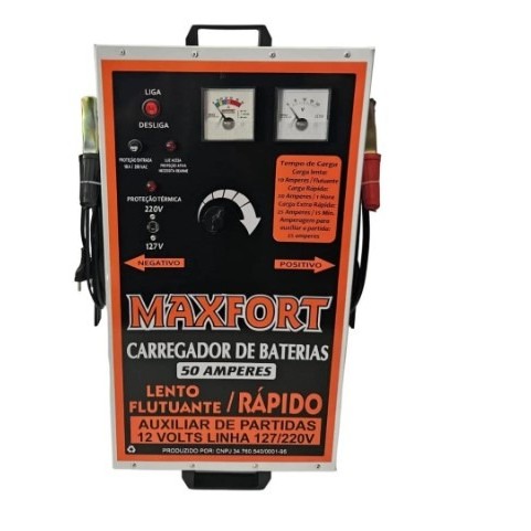 CARREGADOR DE BATERIA 50A BIVOLT 110/220V COM AUXILIAR DE PARTIDAS COM 2 RELÓGIOS MAXFORT MX2