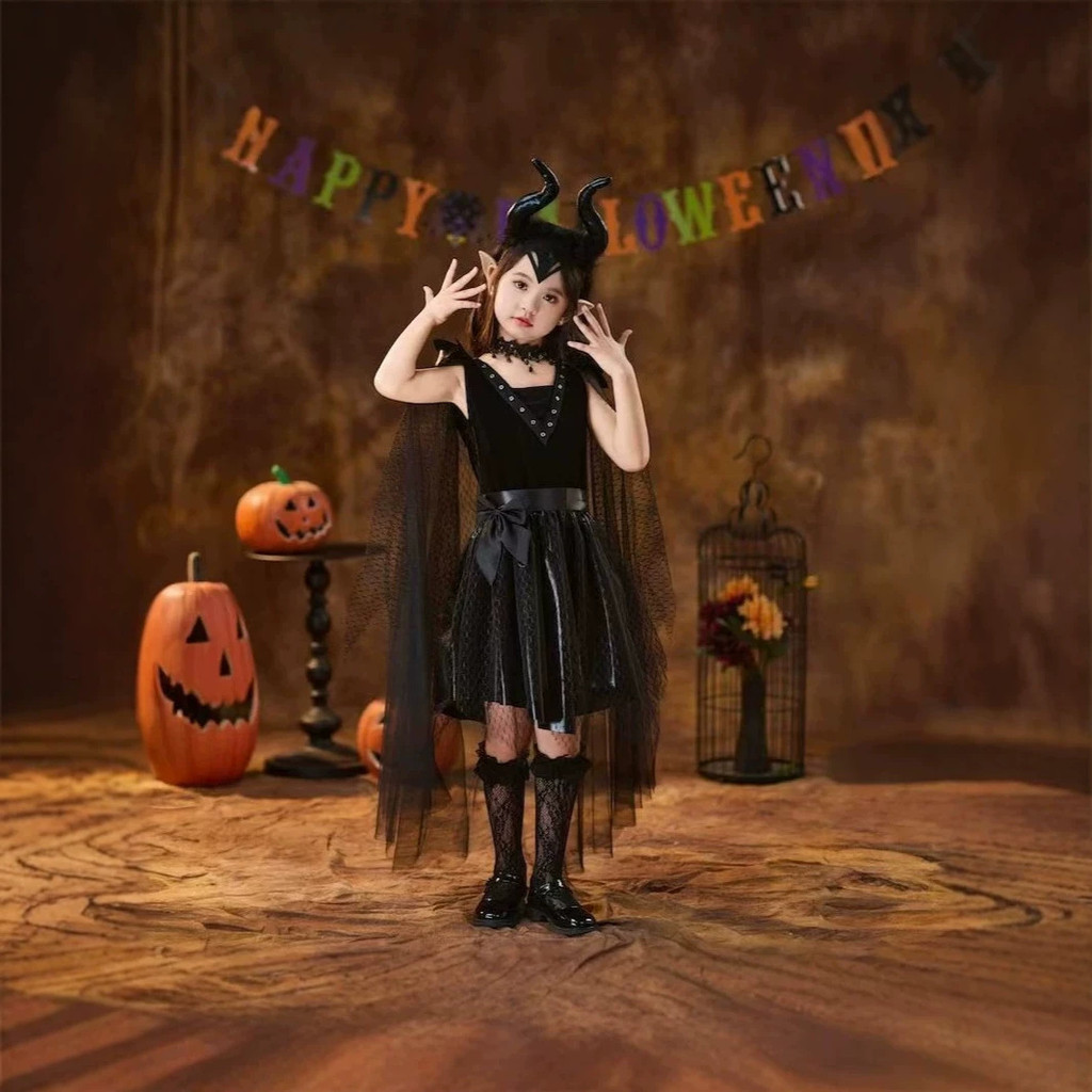 2026 Meninas Halloween Escuro Fada Bruxa Traje Vestido Preto Gótico Elfo Role Play Palco Desempenho Crianças Festa Roupa