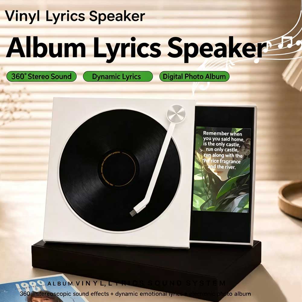 Tocador de vinil vintage com Bluetooth e alto-falante, display dinâmico de letras em rolagem, álbum digital de fotos,