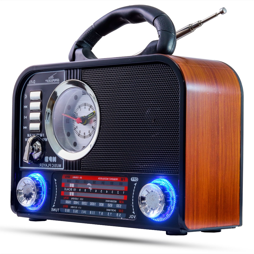 Caixa De Som Rádio Vintage Retrô Bluetooth Acabamento Luxuoso Premium Alça Para Transporte Cor Textura Madeira