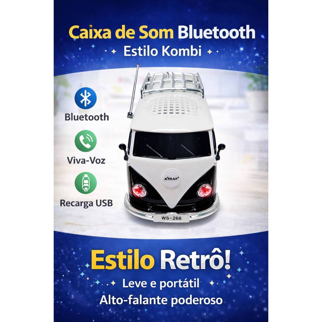 Alto-Falante Bluetooth Compacto Vintage com Rádio FM Entrada USB