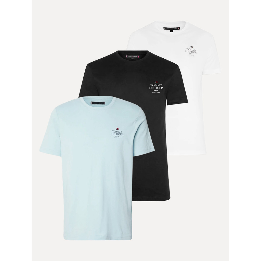 Kit Camisetas Tommy Hilfiger | Masculina Stack Brand Love Preta/Branca/Azul Claro
