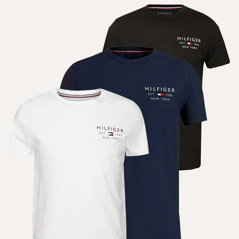 Kit Camisetas Tommy Hilfiger | Masculina Brand Love Small Logo Preta/Azul Marinho/Branca