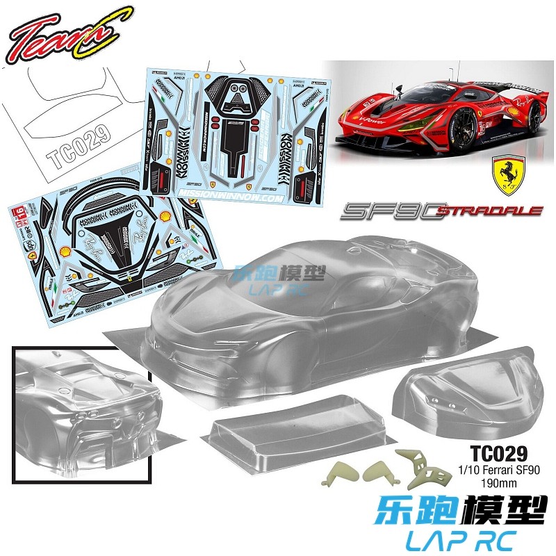 TEAM C Ferrari SF90 1/10 Flat Running Transparente PC Car Shell 190mm TC029