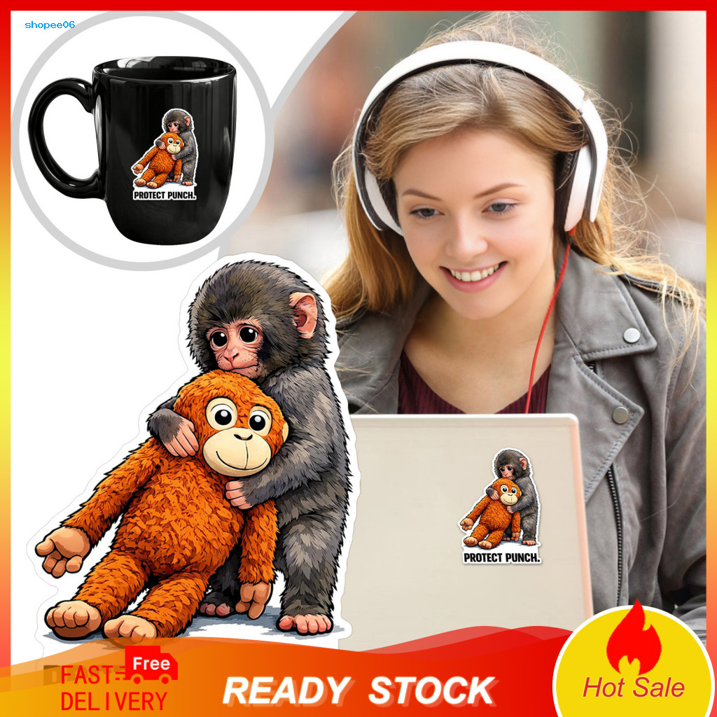 Monkey Wall Stickers Baby Room Cute Sticker Protect Punch Decal – Macaque Holding Plush Toy Laptop Car Window Fun Nurs