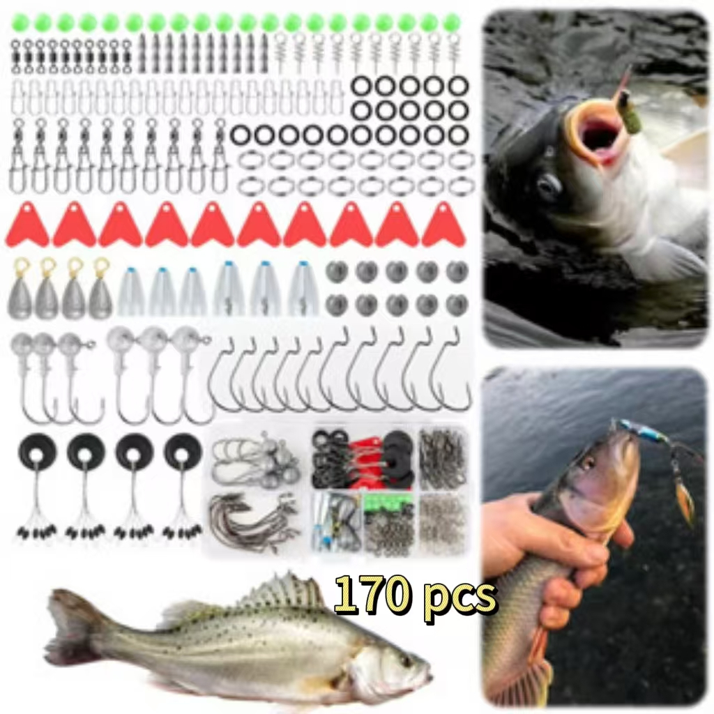 170pcs Fishing Accessories Kit with Fishing Box Fish Hooks Swivels Sinkers Outdoor Fishing Accessories Set Gifts for Men